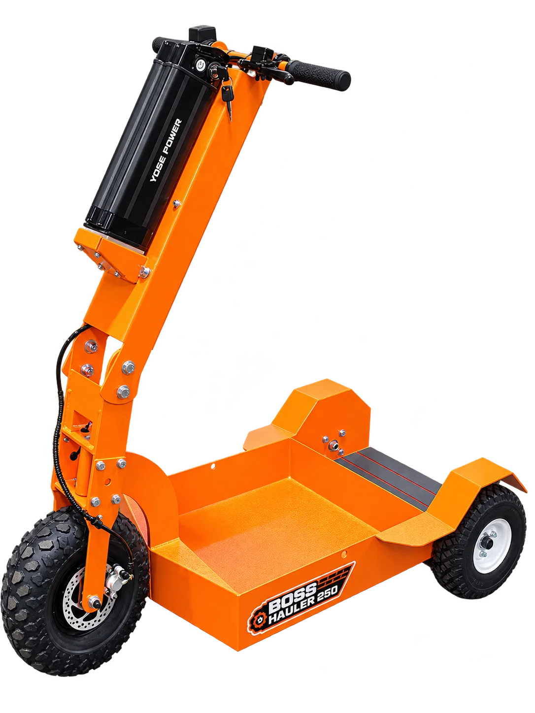 Orange Boss Hauler 250 three-wheel industrial hauler with cargo tray